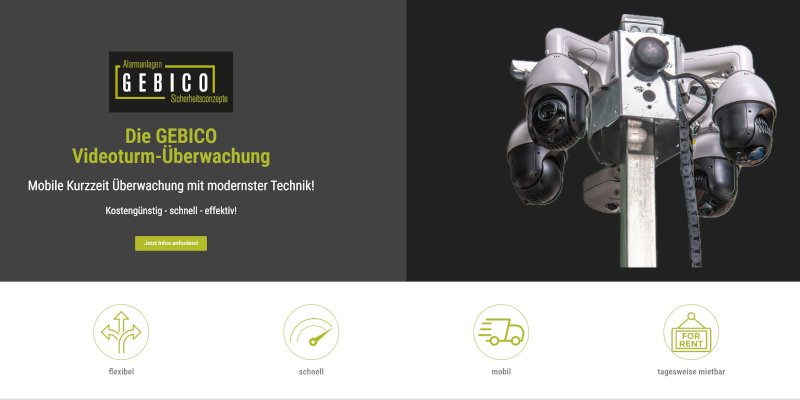 Mobiler Videoüberwachungsturm – Landingpage für Gebico Videoturm Überwachung